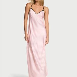 Striped Pink Satin Cross Back Maxi Nightgown Size S